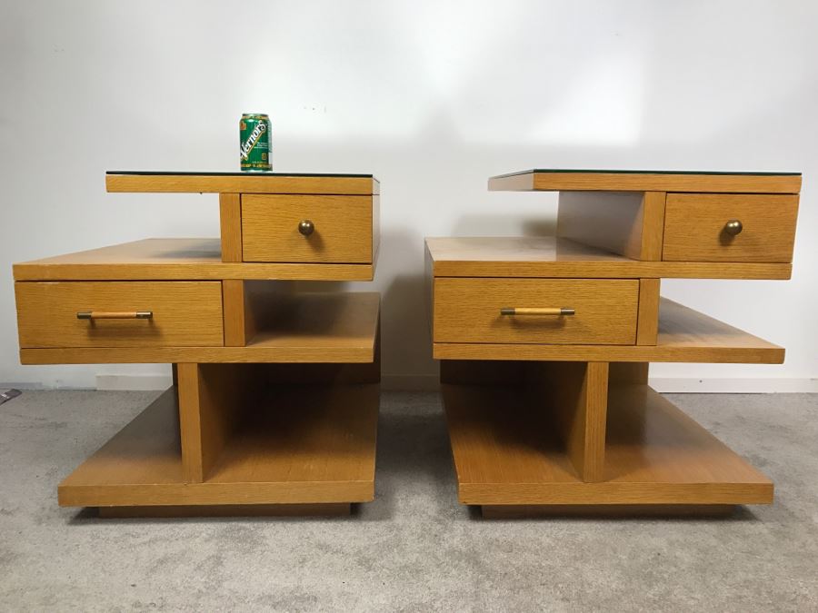 Pair Of Modern Stanley Furniture Side Tables Nightstands With Mirrored Tops - Note Cosmetic Damage To Bottom Of One [Photo 1]