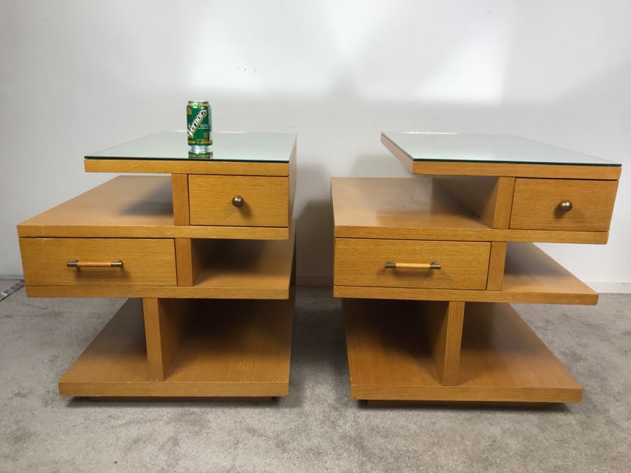 Pair Of Modern Stanley Furniture Side Tables Nightstands With Mirrored Tops - Note Cosmetic Damage To Bottom Of One [Photo 7]