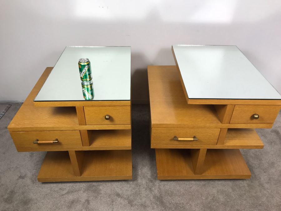 Pair Of Modern Stanley Furniture Side Tables Nightstands With Mirrored Tops - Note Cosmetic Damage To Bottom Of One [Photo 4]