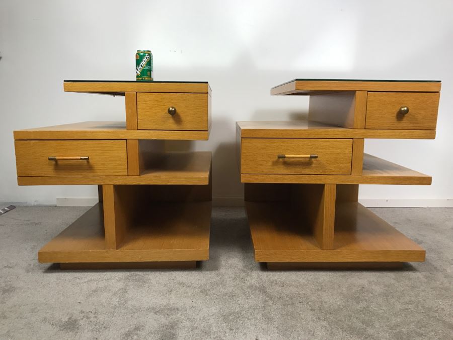 Pair Of Modern Stanley Furniture Side Tables Nightstands With Mirrored Tops - Note Cosmetic Damage To Bottom Of One [Photo 3]