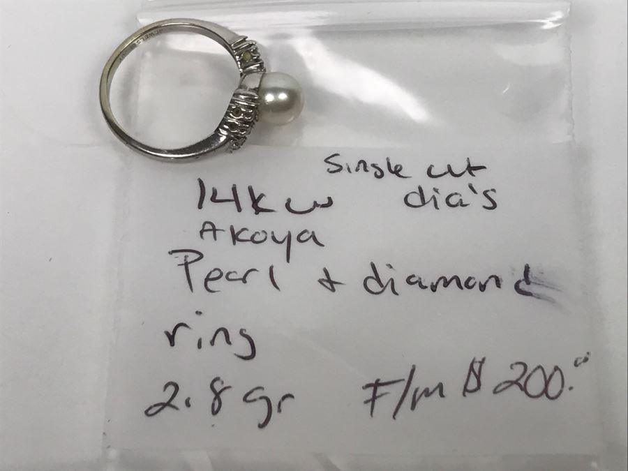 14K White Gold Akoya Pearl With Single Cut Diamonds Ring 2.8g FMV $200 Ring Size 5 3/4 [Photo 12]