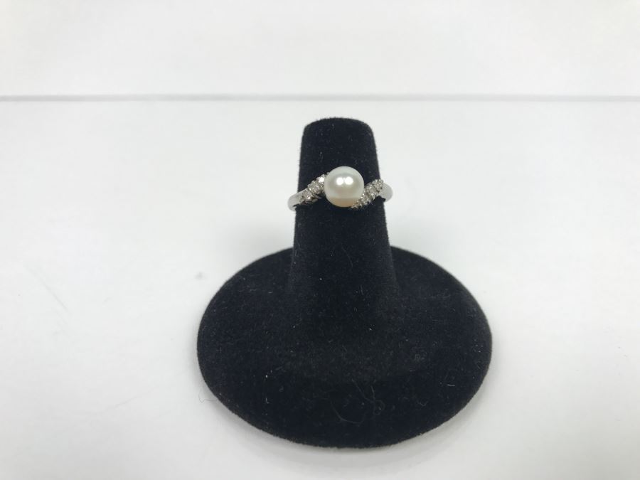 14K White Gold Akoya Pearl With Single Cut Diamonds Ring 2.8g FMV $200 Ring Size 5 3/4 [Photo 14]