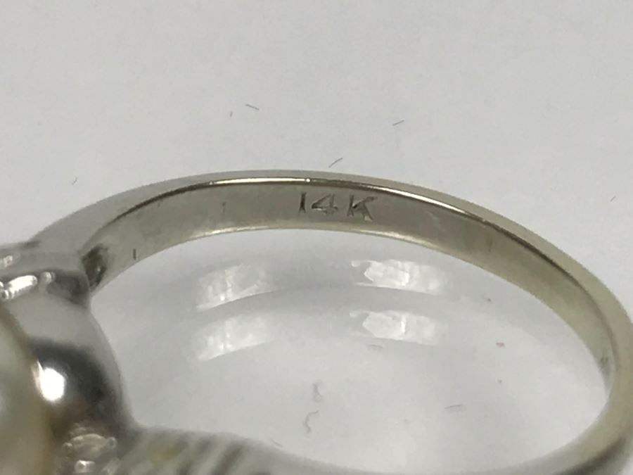 14K White Gold Akoya Pearl With Single Cut Diamonds Ring 2.8g FMV $200 Ring Size 5 3/4 [Photo 7]