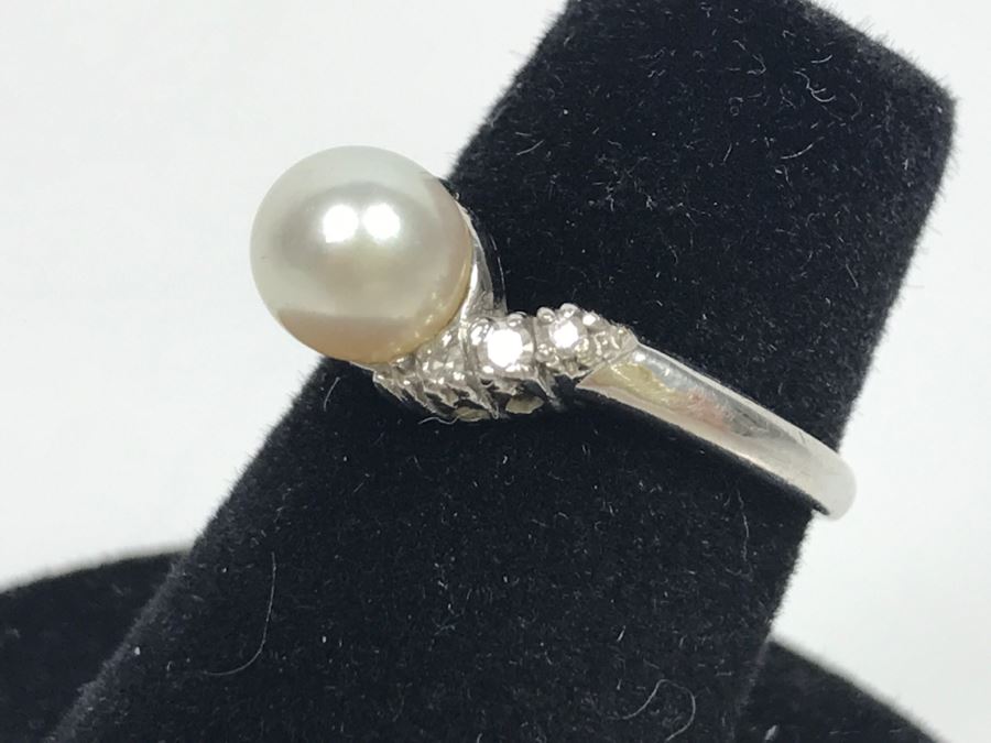 14K White Gold Akoya Pearl With Single Cut Diamonds Ring 2.8g FMV $200 Ring Size 5 3/4 [Photo 5]
