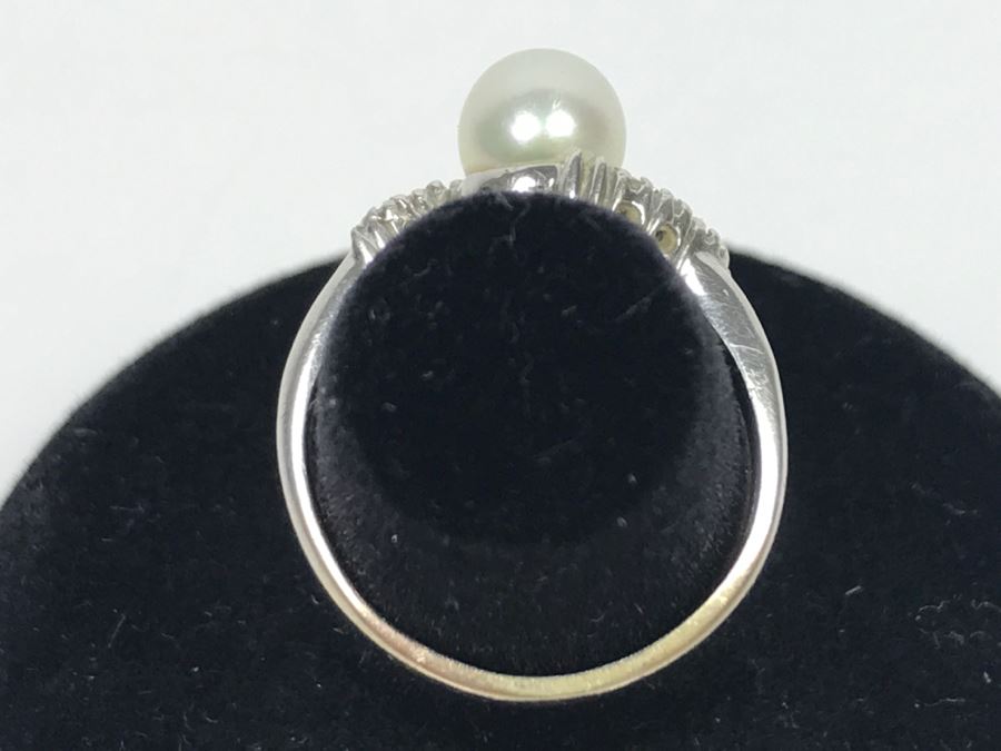 14K White Gold Akoya Pearl With Single Cut Diamonds Ring 2.8g FMV $200 Ring Size 5 3/4 [Photo 4]