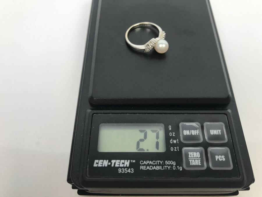 14K White Gold Akoya Pearl With Single Cut Diamonds Ring 2.8g FMV $200 Ring Size 5 3/4 [Photo 13]