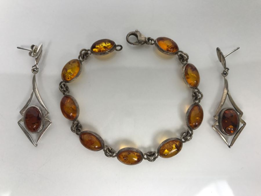 Sterling Silver Amber Bracelet And Earrings 15.6g [Photo 3]