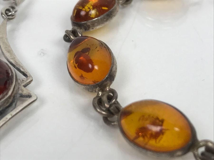 Sterling Silver Amber Bracelet And Earrings 15.6g [Photo 8]