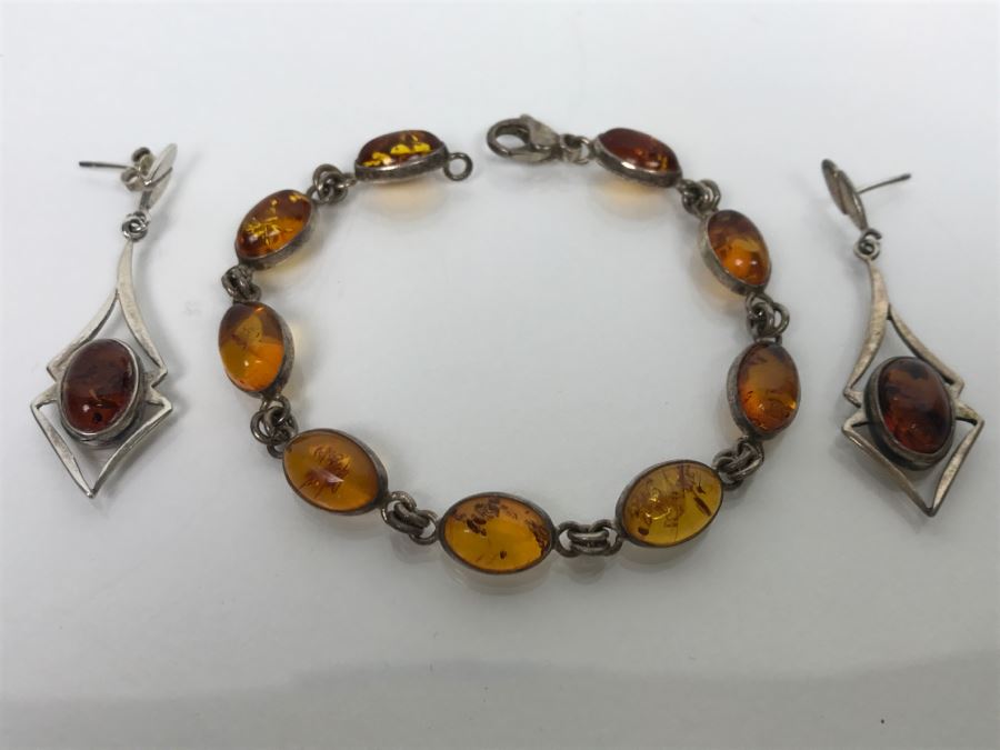 Sterling Silver Amber Bracelet And Earrings 15.6g [Photo 4]