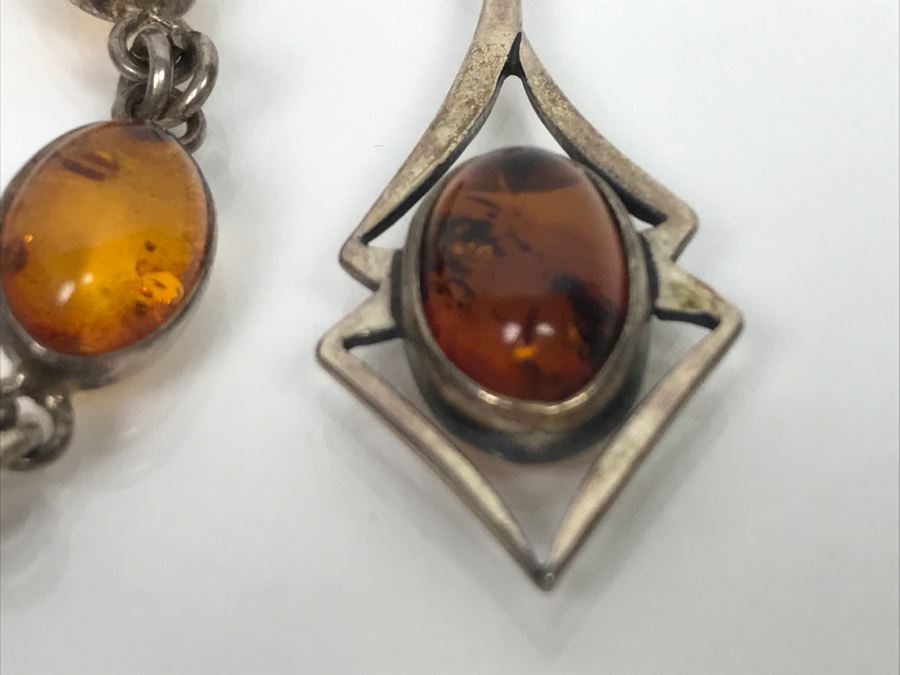 Sterling Silver Amber Bracelet And Earrings 15.6g [Photo 13]