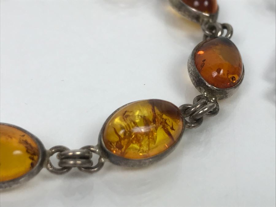 Sterling Silver Amber Bracelet And Earrings 15.6g [Photo 6]