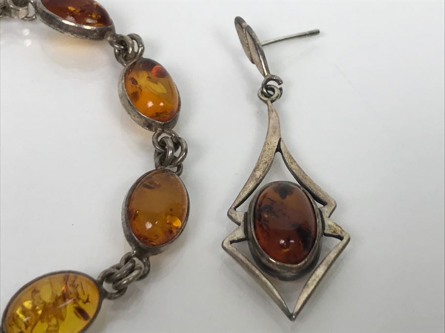 Sterling Silver Amber Bracelet And Earrings 15.6g [Photo 12]