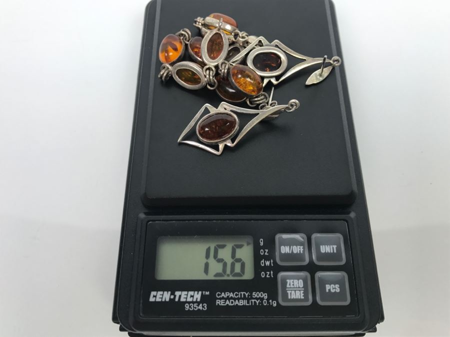 Sterling Silver Amber Bracelet And Earrings 15.6g [Photo 17]