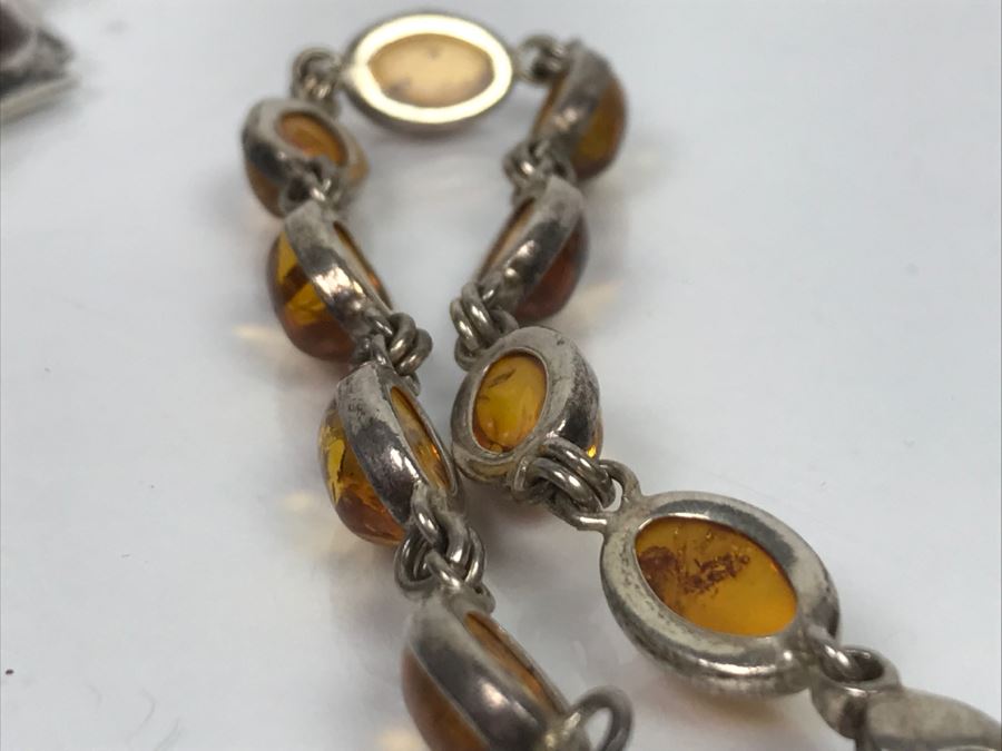 Sterling Silver Amber Bracelet And Earrings 15.6g