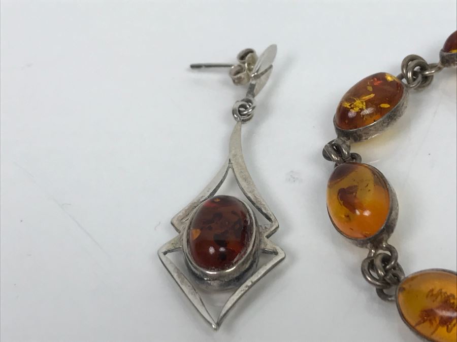 Sterling Silver Amber Bracelet And Earrings 15.6g [Photo 11]