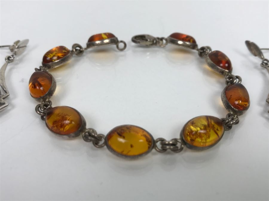 Sterling Silver Amber Bracelet And Earrings 15.6g [Photo 5]