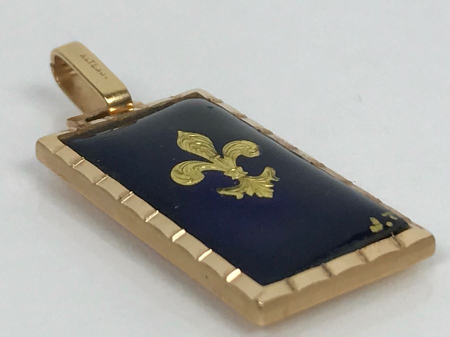 14K Yellow Gold Enamel Pendant With Fleur-De-Lis Design French Pendant 5.6g FMV $250 [Photo 6]