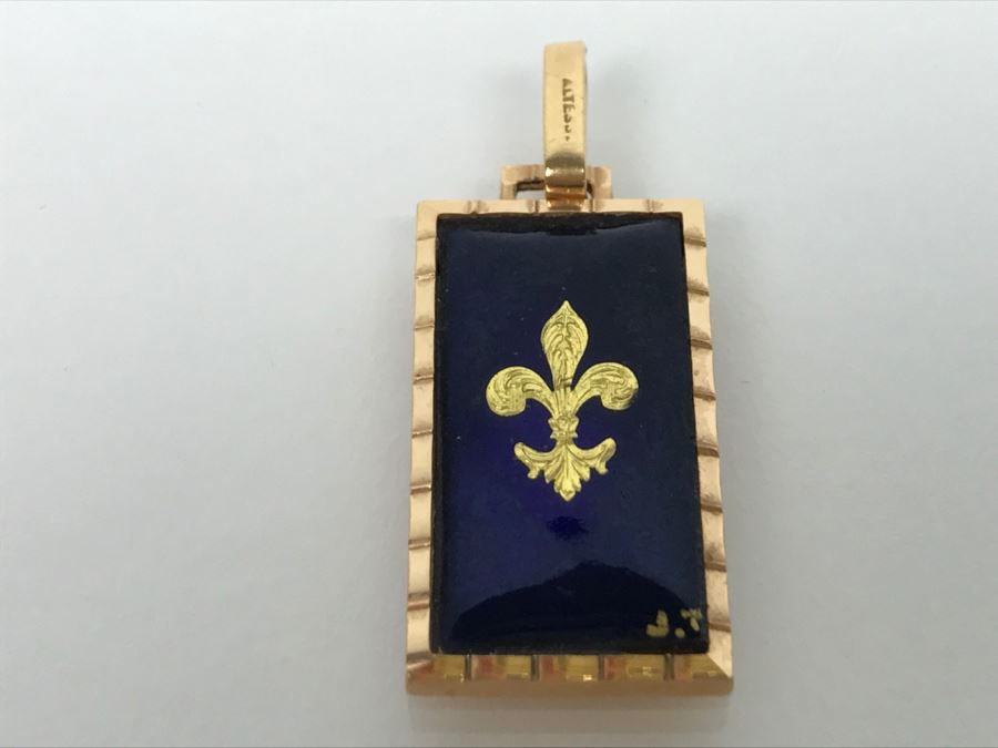 14K Yellow Gold Enamel Pendant With Fleur-De-Lis Design French Pendant 5.6g FMV $250 [Photo 3]