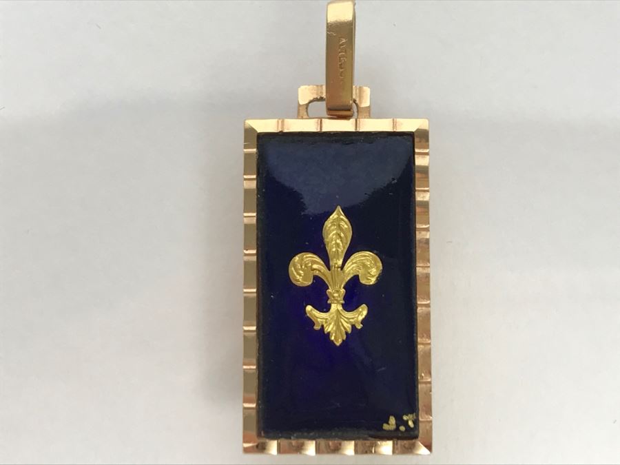 14K Yellow Gold Enamel Pendant With Fleur-De-Lis Design French Pendant 5.6g FMV $250 [Photo 2]