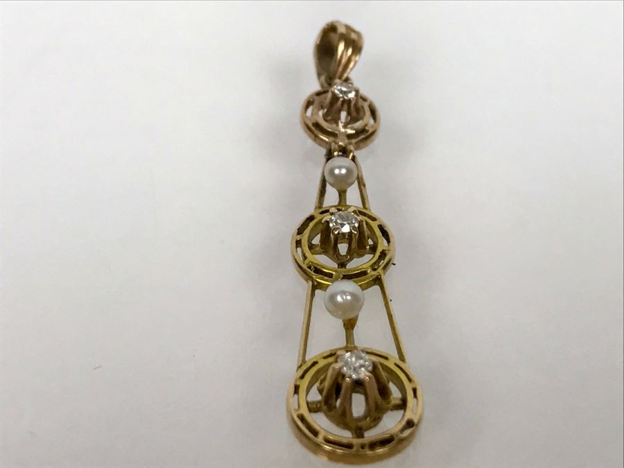 14K Yellow Gold Pearl Diamond Pendant Single Cut And Old European Cut Diamonds 1.3g FMV $100 [Photo 3]