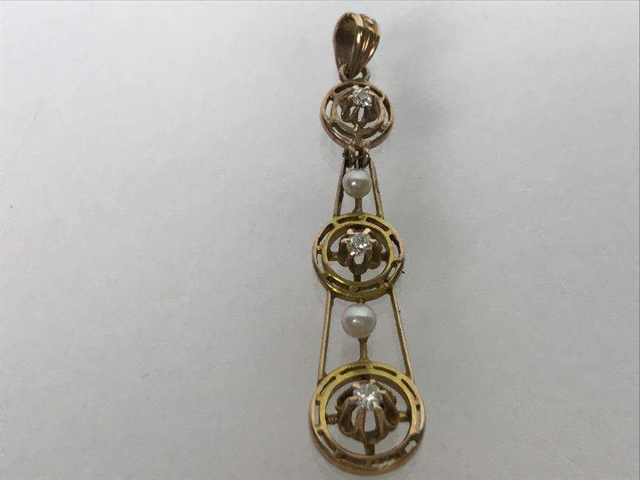 14K Yellow Gold Pearl Diamond Pendant Single Cut And Old European Cut Diamonds 1.3g FMV $100 [Photo 4]