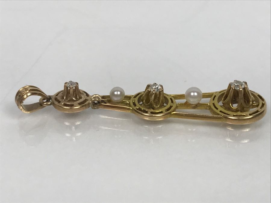 14K Yellow Gold Pearl Diamond Pendant Single Cut And Old European Cut Diamonds 1.3g FMV $100 [Photo 6]
