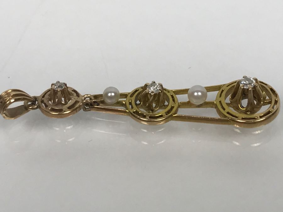 14K Yellow Gold Pearl Diamond Pendant Single Cut And Old European Cut Diamonds 1.3g FMV $100 [Photo 9]
