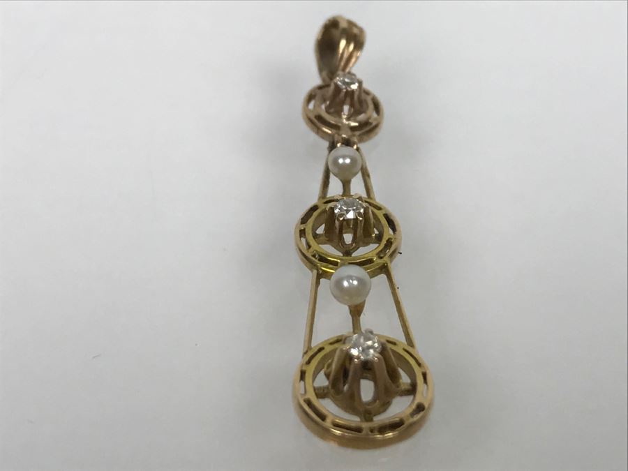 14K Yellow Gold Pearl Diamond Pendant Single Cut And Old European Cut Diamonds 1.3g FMV $100 [Photo 5]
