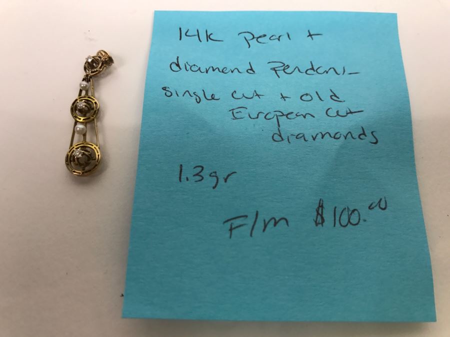 14K Yellow Gold Pearl Diamond Pendant Single Cut And Old European Cut Diamonds 1.3g FMV $100 [Photo 13]