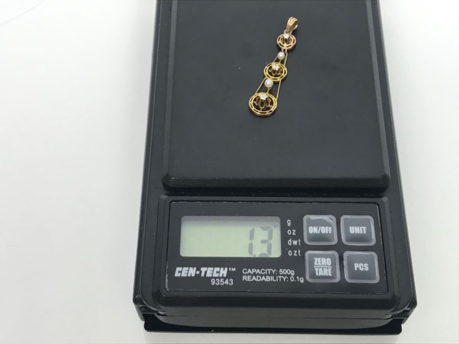 14K Yellow Gold Pearl Diamond Pendant Single Cut And Old European Cut Diamonds 1.3g FMV $100 [Photo 12]