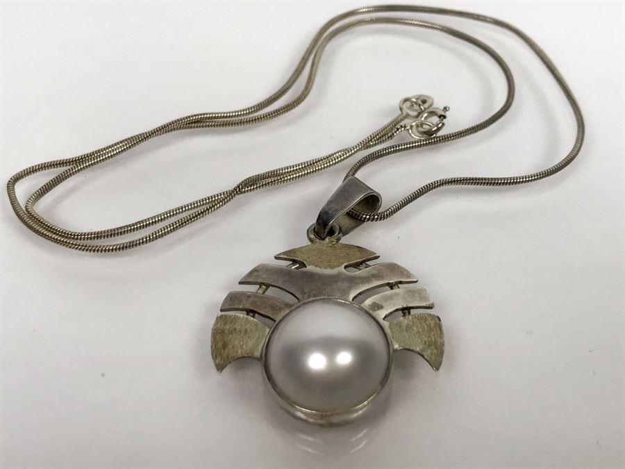 Sterling Silver Pendant And Chain With Mabe Pearl 10.7g [Photo 2]