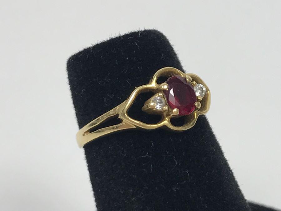 14K Yellow Gold Ruby Diamond Ring 1.6g Ring Size 4 1/4 [Photo 4]