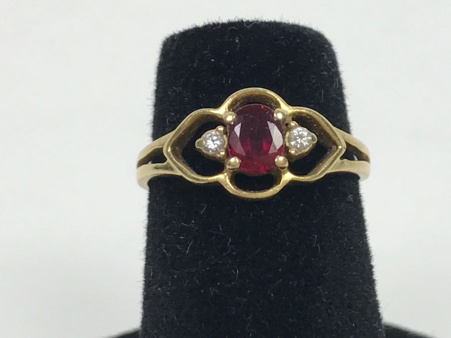 14K Yellow Gold Ruby Diamond Ring 1.6g Ring Size 4 1/4 [Photo 3]