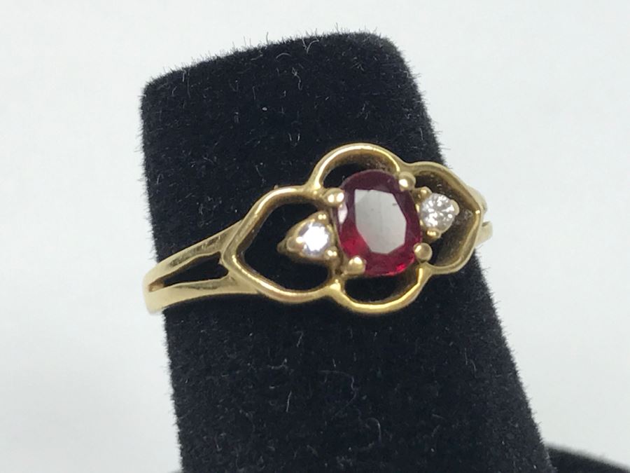 14K Yellow Gold Ruby Diamond Ring 1.6g Ring Size 4 1/4 [Photo 5]