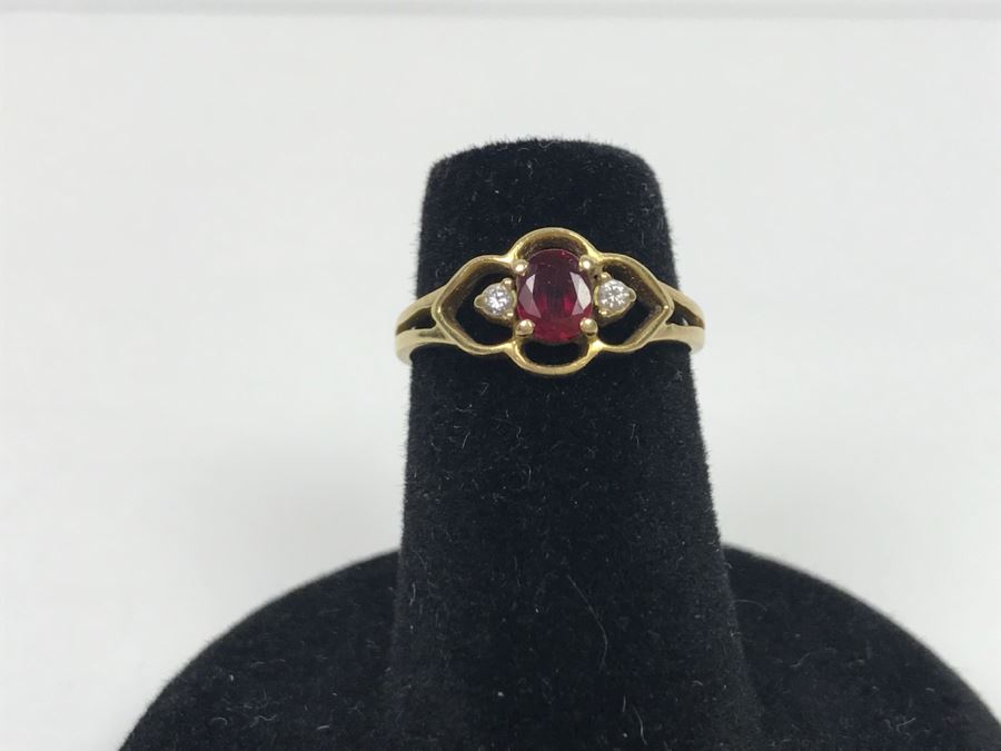 14K Yellow Gold Ruby Diamond Ring 1.6g Ring Size 4 1/4 [Photo 2]