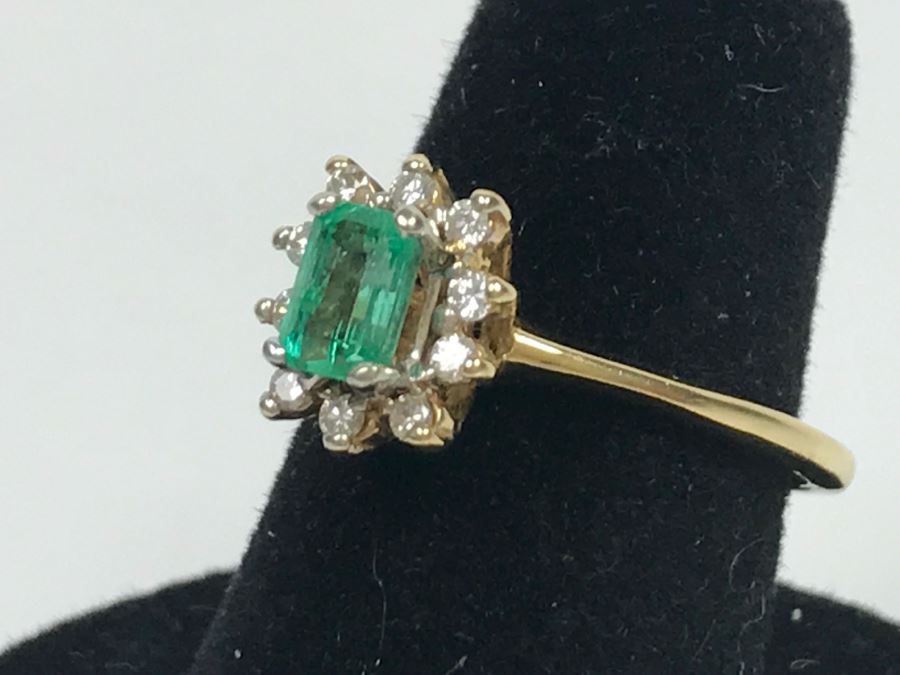 14K Yellow Gold Emerald And Diamond Ring 5.5X3.8MM Emerald .16Cttw Diamonds 2.9g Ring Size 6 1/4 [Photo 10]
