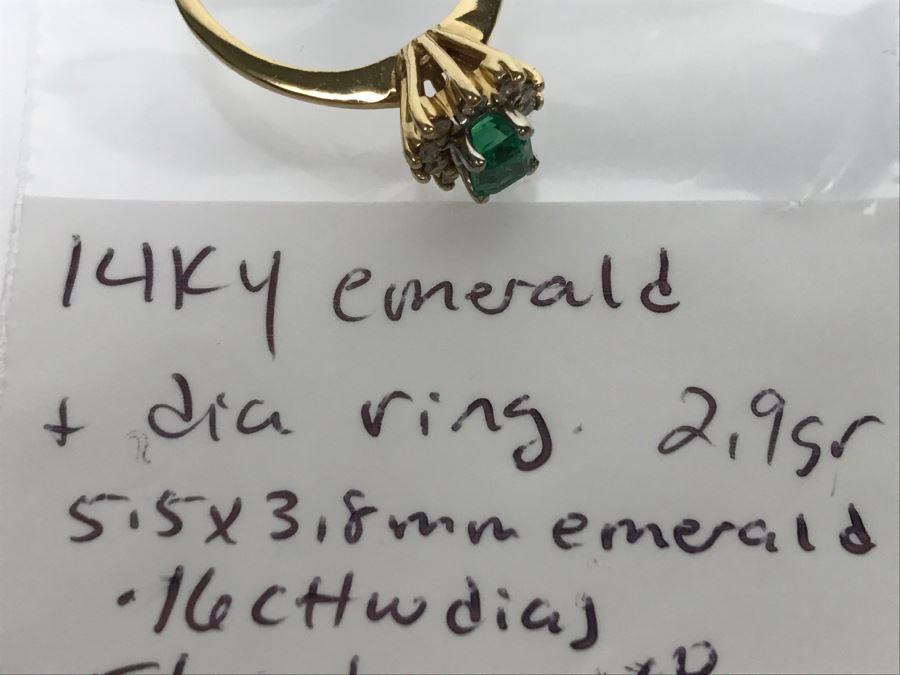 14K Yellow Gold Emerald And Diamond Ring 5.5X3.8MM Emerald .16Cttw Diamonds 2.9g Ring Size 6 1/4 [Photo 25]