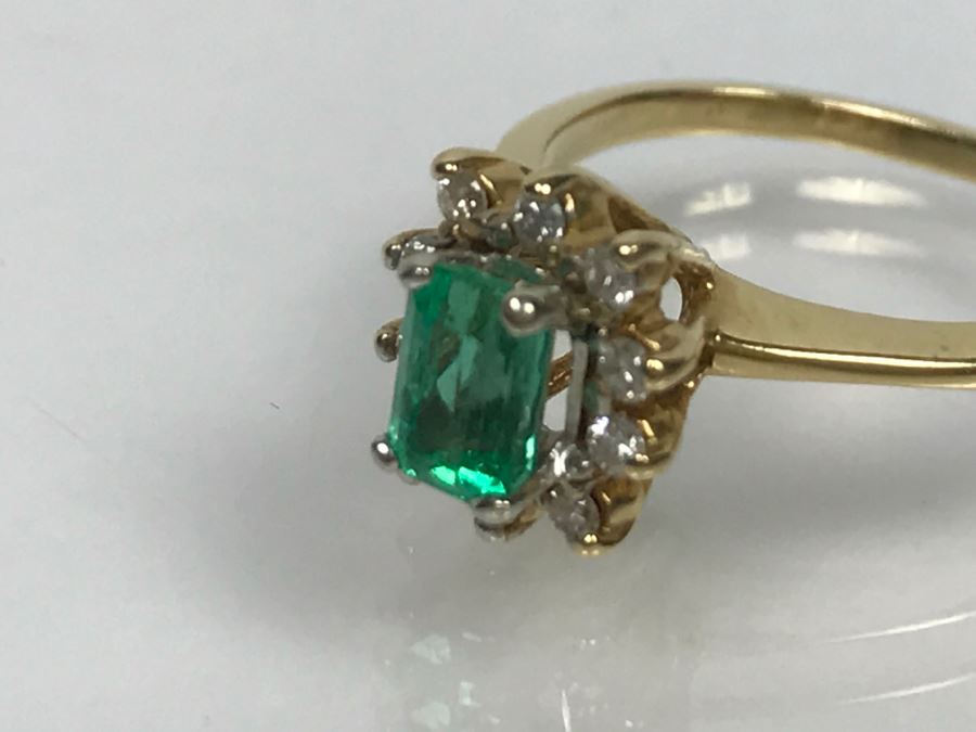 14K Yellow Gold Emerald And Diamond Ring 5.5X3.8MM Emerald .16Cttw Diamonds 2.9g Ring Size 6 1/4 [Photo 21]