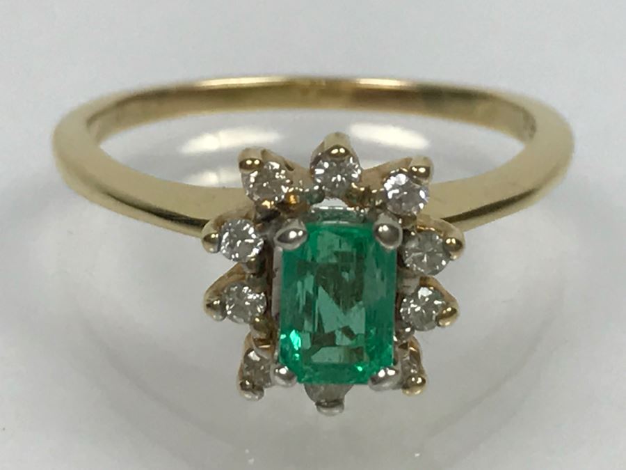 14K Yellow Gold Emerald And Diamond Ring 5.5X3.8MM Emerald .16Cttw Diamonds 2.9g Ring Size 6 1/4 [Photo 23]