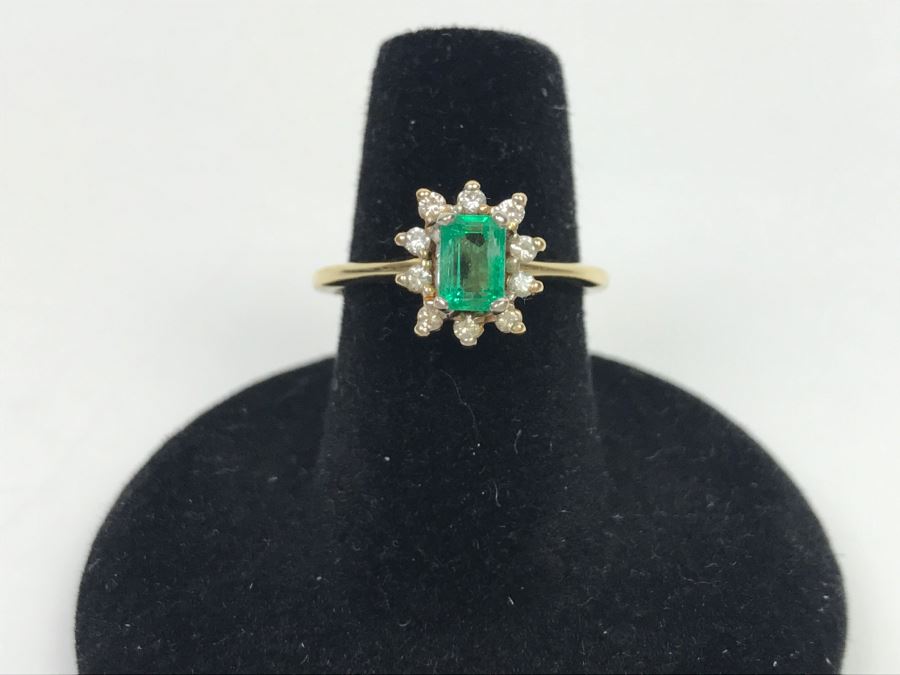 14K Yellow Gold Emerald And Diamond Ring 5.5X3.8MM Emerald .16Cttw ...