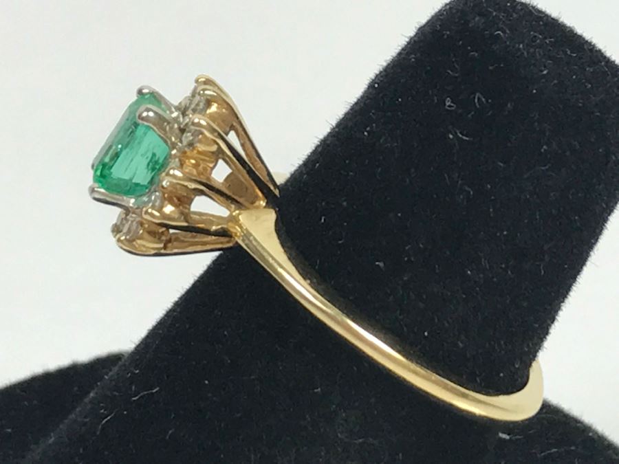 14K Yellow Gold Emerald And Diamond Ring 5.5X3.8MM Emerald .16Cttw Diamonds 2.9g Ring Size 6 1/4 [Photo 9]