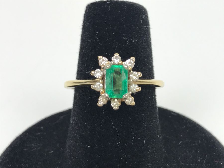 14K Yellow Gold Emerald And Diamond Ring 5.5X3.8MM Emerald .16Cttw Diamonds 2.9g Ring Size 6 1/4 [Photo 13]