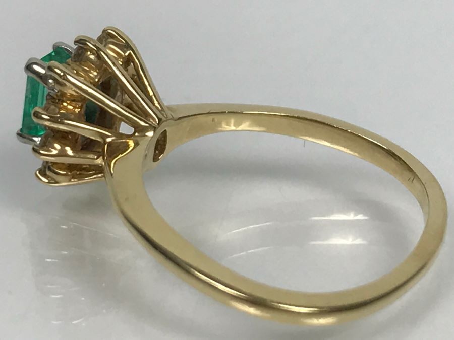 14K Yellow Gold Emerald And Diamond Ring 5.5X3.8MM Emerald .16Cttw Diamonds 2.9g Ring Size 6 1/4 [Photo 20]