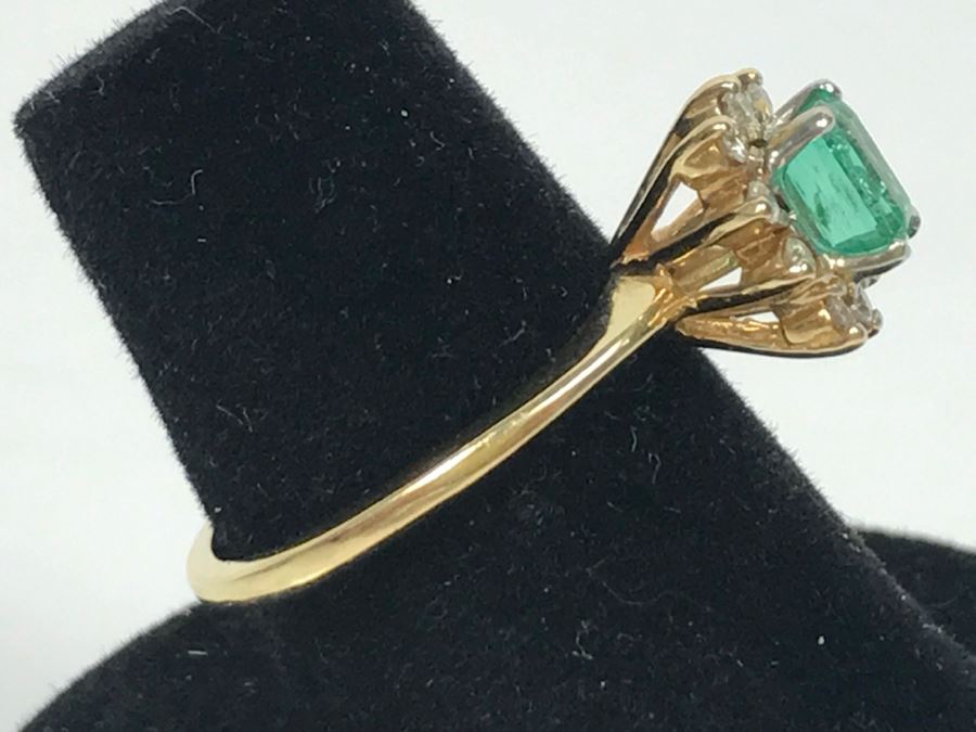 14K Yellow Gold Emerald And Diamond Ring 5.5X3.8MM Emerald .16Cttw Diamonds 2.9g Ring Size 6 1/4 [Photo 3]