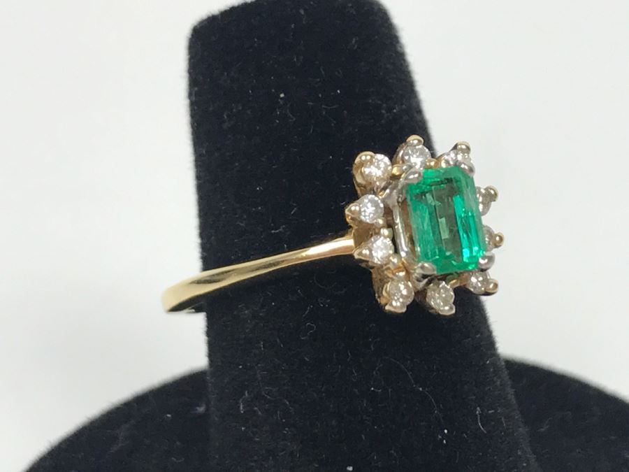 14K Yellow Gold Emerald And Diamond Ring 5.5X3.8MM Emerald .16Cttw Diamonds 2.9g Ring Size 6 1/4 [Photo 7]