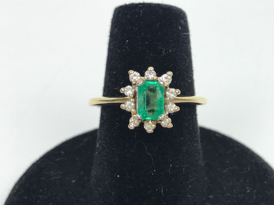 14K Yellow Gold Emerald And Diamond Ring 5.5X3.8MM Emerald .16Cttw Diamonds 2.9g Ring Size 6 1/4 [Photo 12]
