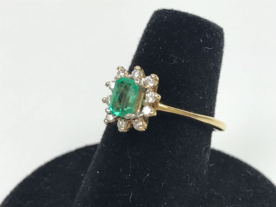 14K Yellow Gold Emerald And Diamond Ring 5.5X3.8MM Emerald .16Cttw Diamonds 2.9g Ring Size 6 1/4 [Photo 11]