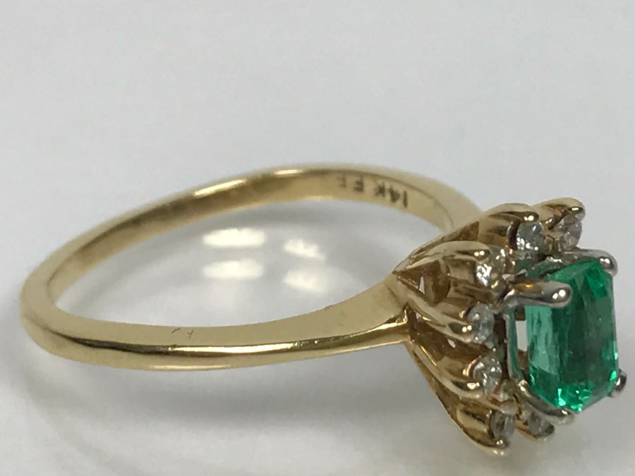 14K Yellow Gold Emerald And Diamond Ring 5.5X3.8MM Emerald .16Cttw Diamonds 2.9g Ring Size 6 1/4 [Photo 17]