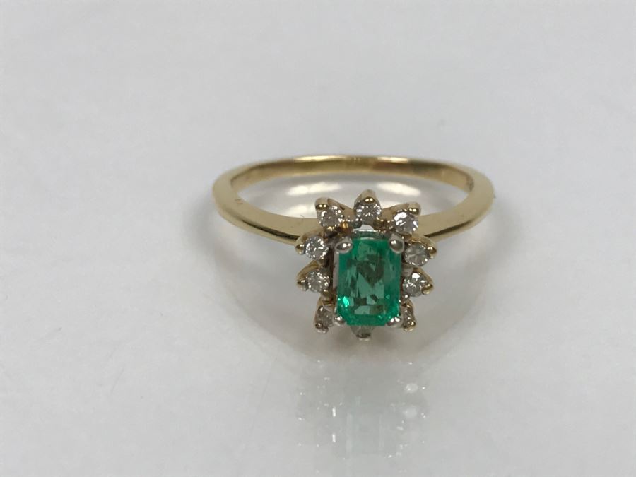 14K Yellow Gold Emerald And Diamond Ring 5.5X3.8MM Emerald .16Cttw Diamonds 2.9g Ring Size 6 1/4 [Photo 14]