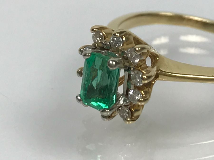 14K Yellow Gold Emerald And Diamond Ring 5.5X3.8MM Emerald .16Cttw Diamonds 2.9g Ring Size 6 1/4 [Photo 22]
